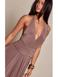 Petite Mushroom V Neck Ruched Waist Asymmetric Slinky Midi Dress - 3