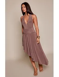 Petite Mushroom V Neck Ruched Waist Asymmetric Slinky Midi Dress - 4