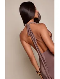 Petite Mushroom V Neck Ruched Waist Asymmetric Slinky Midi Dress - 1