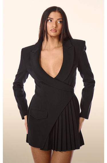 PLT Label Black Asymmetric Pleated Blazer Dress
