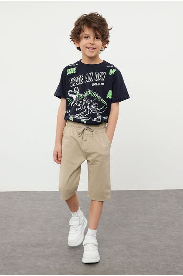 Boy's Beige Woven Shorts with Elastic Waist and Tie