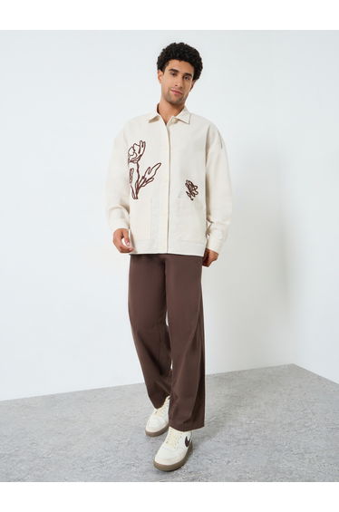 Men Cream Embroidered Shacket with Pockets