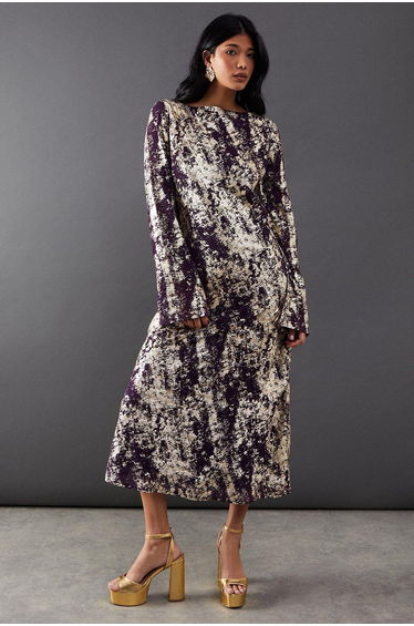 Metallic Chiffon Slash Neck Bias Midi Dress