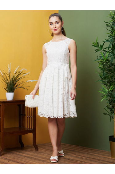 White Floral Lace Belted Knee Length Dress