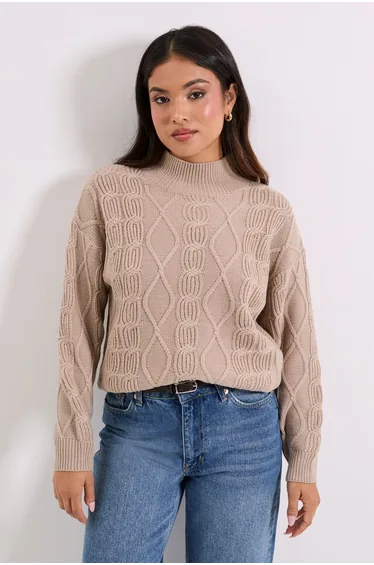 Petite Beige Twisted Cable Funnel Longline Jumper