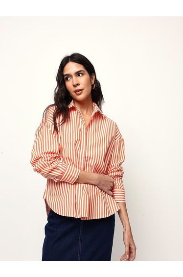 Orange Striped Oversized Cotton Casual Shirt