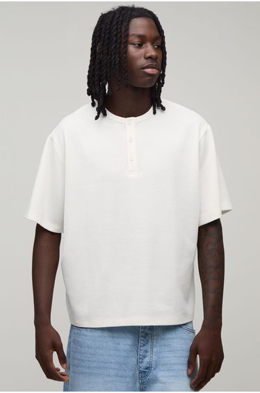 Relaxed Fit Waffle Henley T-Shirt - ecru