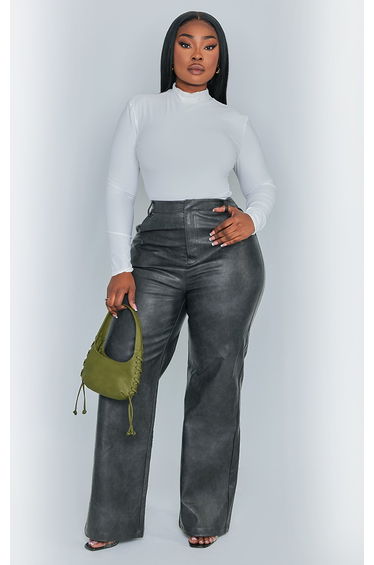 Plus Black Washed Faux Leather Straight Leg Trousers