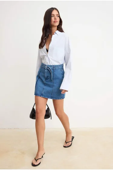 Blue Belt Detailed Mini Denim Skirt