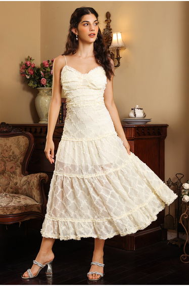 Mélissa Cami Ruffle Pleated Midi Dress White in White