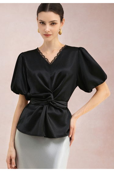 Lace Trim V-Neck Tie-Back Satin Top in Black for Bridal Events & Date Night