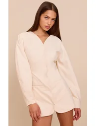 Natural Woven Balloon Sleeve Collarless Blazer Dress - 1