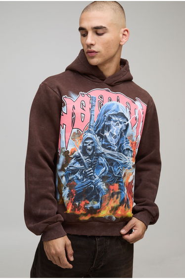 Boxy Washed Homme Gothic Graphic Distressed Hoodie - brown