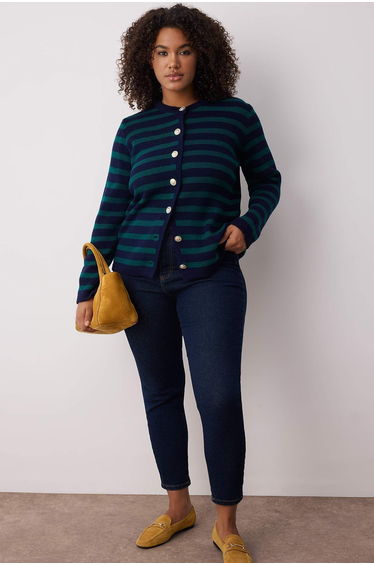 Navy Blue-Green Striped Jacket-Look Knitwear Cardigan