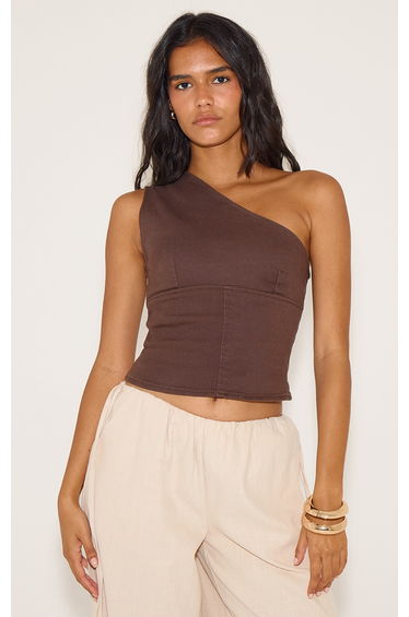 Chocolate Brown Asymmetric Shoulder Denim Top