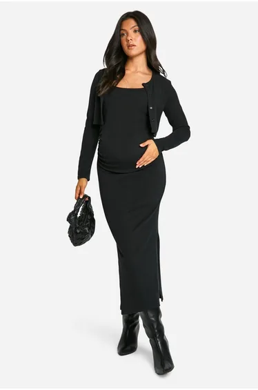 Maternity Textured Rib Strappy Side Split Midaxi Dress & Crop Cardigan - black