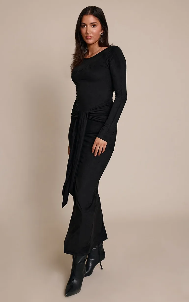 black suede long sleeve dress Christopher Esber Contour Suede Belted Long Sleeve Gown in Black & Deep  Sand