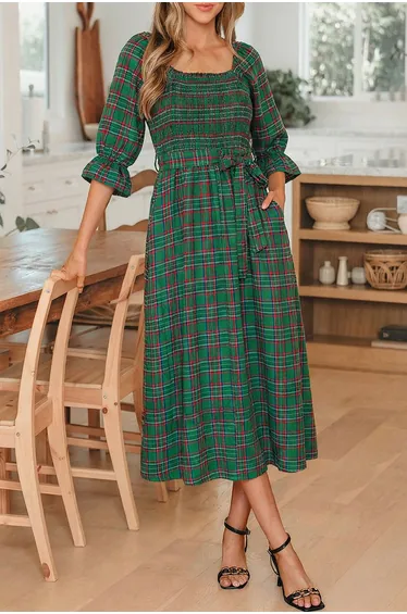Lvness Green Tartan Plaid Square Neck Puff Sleeve Knot Waist Flared Midi Dress