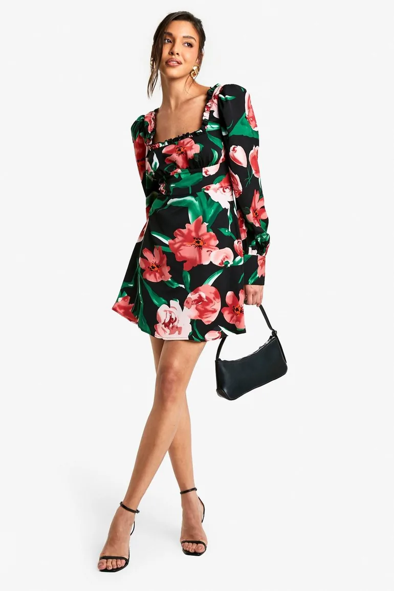 Floral Corset Milkmaid Mini Dress - black
