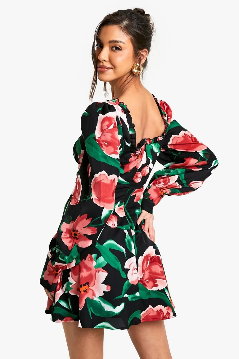 Floral Corset Milkmaid Mini Dress - black - 2