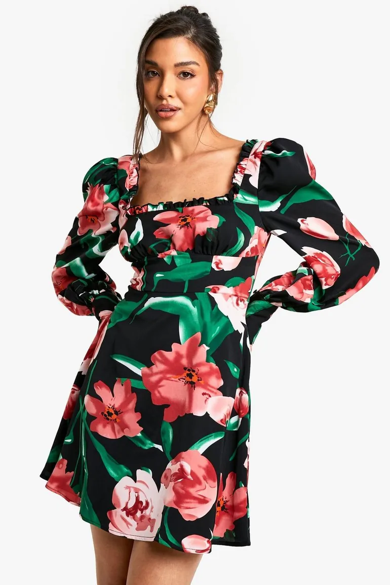 Floral Corset Milkmaid Mini Dress - black - 1