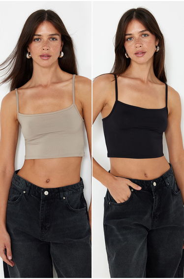 Black-Mink 2 Pack Polyamide Content Strap Crop Fitted Flexible Knitted Undershirt