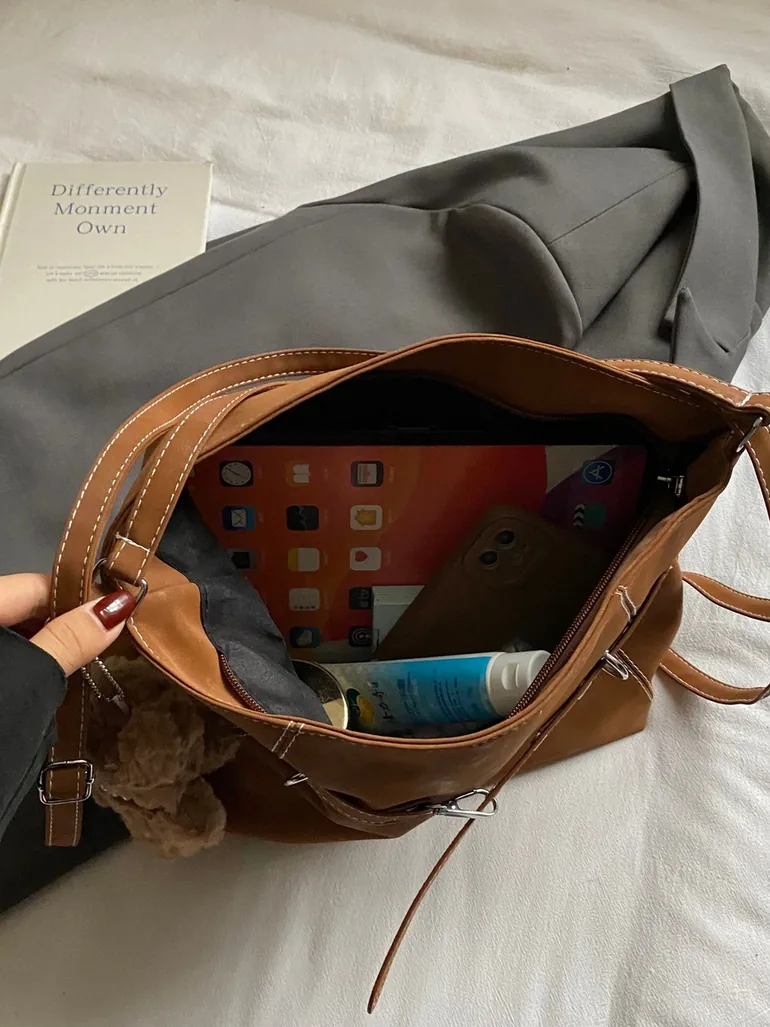 Brown Faux Leather Shoulder Bag - 1