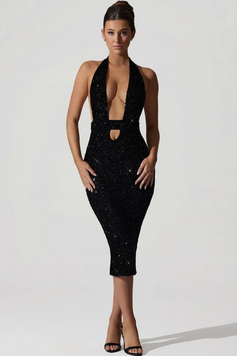 midaxi cut out dress boohoo Women's Satin Cut Out Midaxi Dress in Black