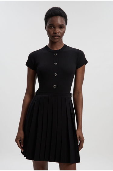 Viscose Blend Tab Detail Pleated Knit Mini Dress