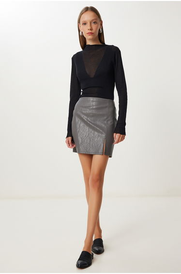 Women's Gray Patterned Slit Mini Faux Leather Skirt