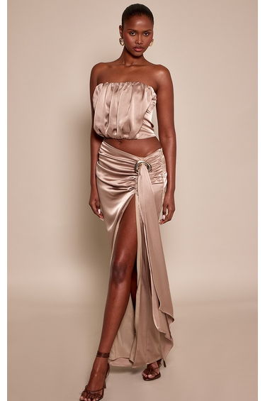 Taupe Satin Ruched Bandeau Top