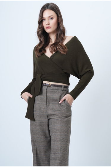 Women's Khaki Front Back Double-Breasted Neckline Tie Detail Crop Blouse