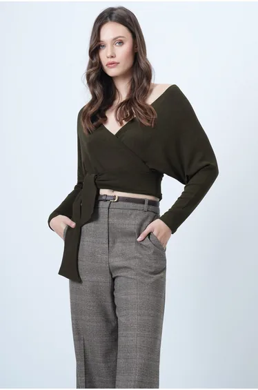 Women's Khaki Front Back Double-Breasted Neckline Tie Detail Crop Blouse