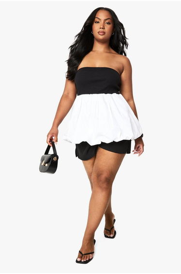 Plus Fabric Mix Bandeau Puffball Top - white