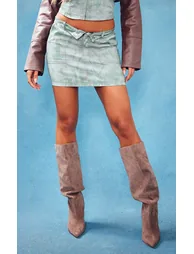Khaki Vintage Wash Twill Fold Over Waistband Mini Skirt - 1