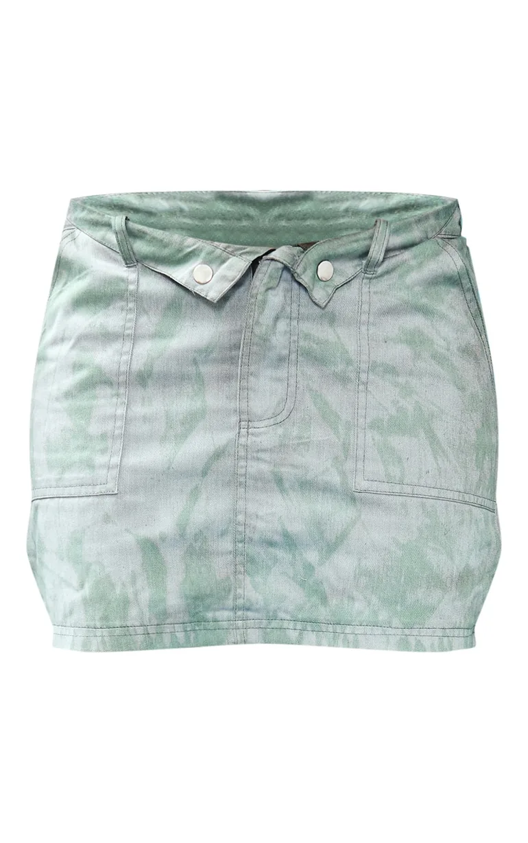 Khaki Vintage Wash Twill Fold Over Waistband Mini Skirt - 5
