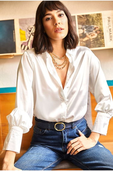 Women's Ecru Cuff Detailed Woven Satin Shirt