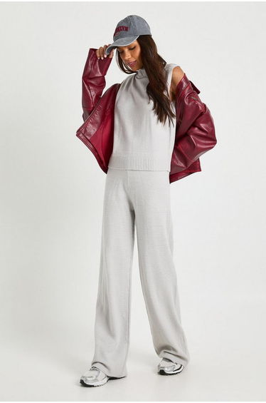 Tall Split Neck Collar Super Soft Knitted Tank and Straight Leg Trouser Co-Ord - grey product thumbnail 3