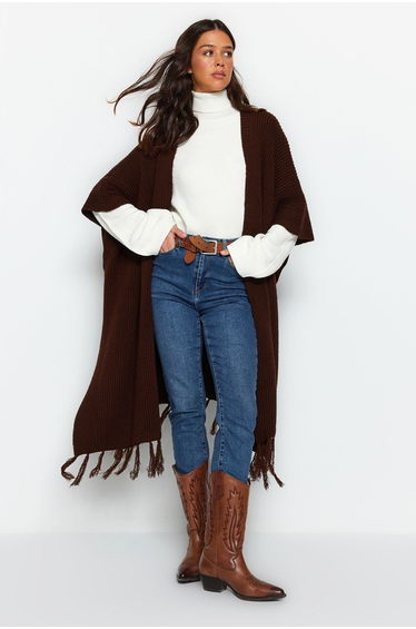 Brown Skirt With Tassels Long Knitwear Cardigan