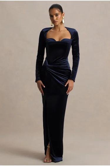 Fay | Navy Velvet Corset Style Knot Maxi Dress