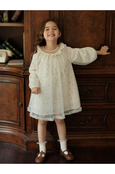 Girls Beige Floral Print A-Line Dress