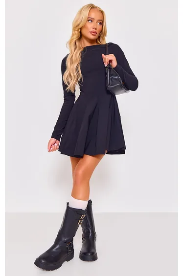 Black Stretch Woven Boat Neck Long Sleeve Pleated Shift Dress