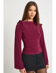 Slinky Bow Shoulder Detail Long Sleeve Top - burgundy - 2