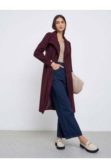 Burgundy Knee-Length Button-Up Coat