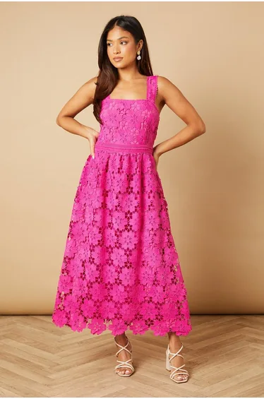 Petite Floral Lace Detail Square Neck Dress