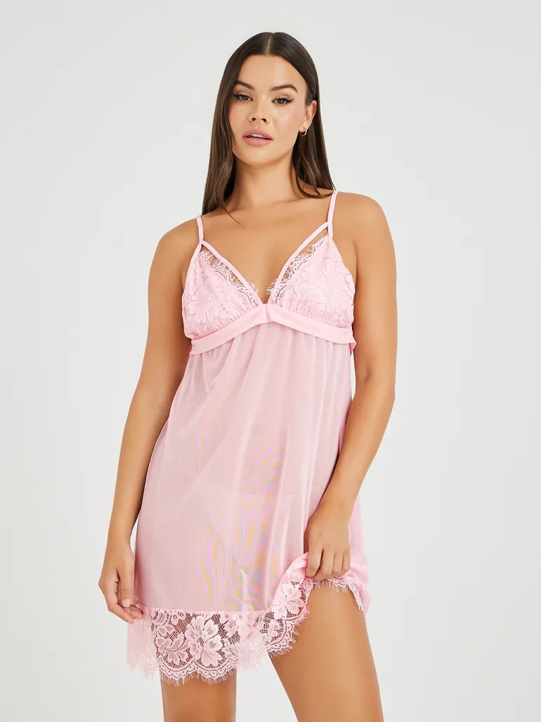 Lace Cup Apex Strap Detail Mesh Babydoll Take Two Pink : Lingerie :  VogaCloset Oman
