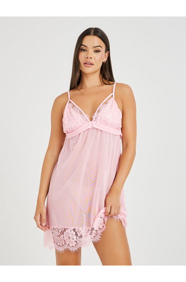 Lace Cup Apex Strap Detail Mesh Babydoll