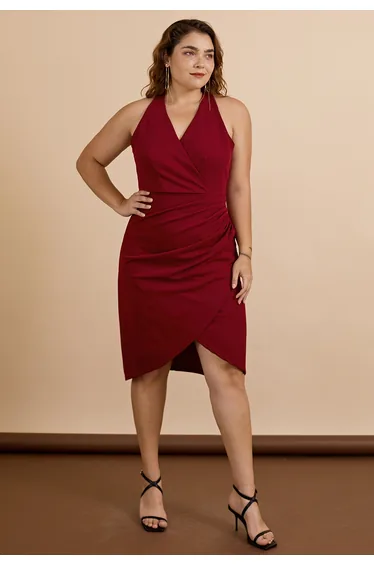 Tulip Hem Ruched Wrap Dress in Burgundy