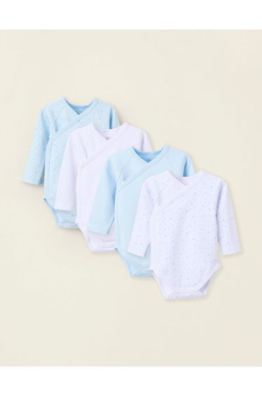 Pack of 4 Cotton Wrapover Bodysuits for Newborns and Babies 'Stars', White/Blue