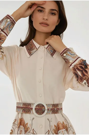 فستان ماكسي بحزام بأكمام طويلة بطبعة